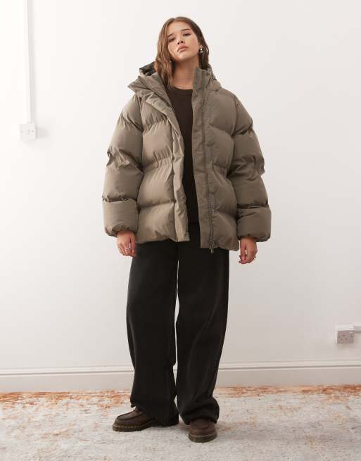 Weekday cinched puffer coat with detachable hood in dark mole