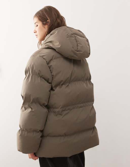 Weekday cinched puffer coat with detachable hood in dark mole