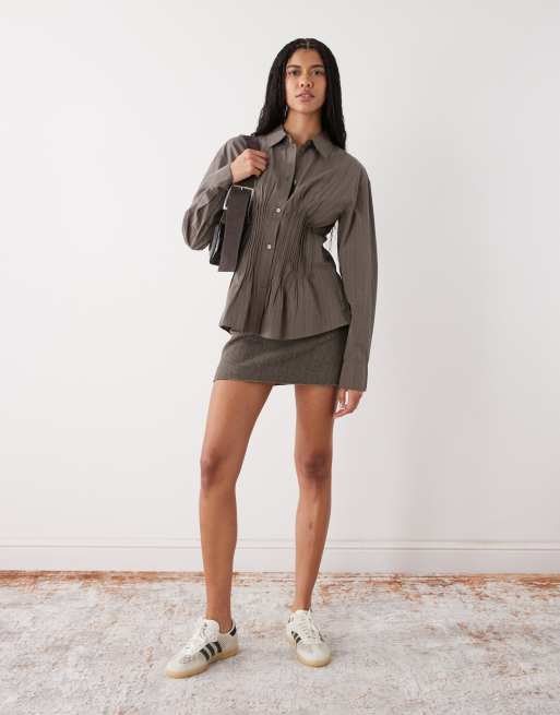 Weekday cinched shirt with rouching and peplum hem in grey stripe, 2 of 4