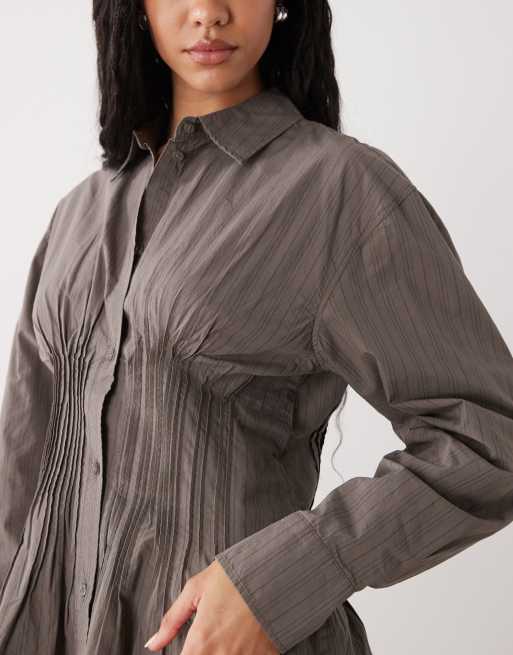 Weekday cinched shirt with ruching and peplum hem in gray stripes, 3 of 4