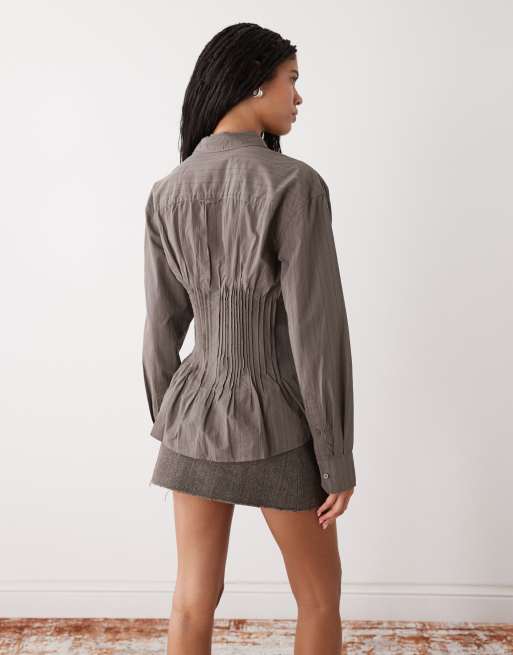 Weekday cinched shirt with ruching and peplum hem in gray stripes, 4 of 4