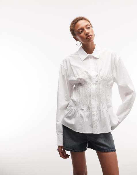 Weekday cinched shirt with ruching and peplum hem in white - view 1
