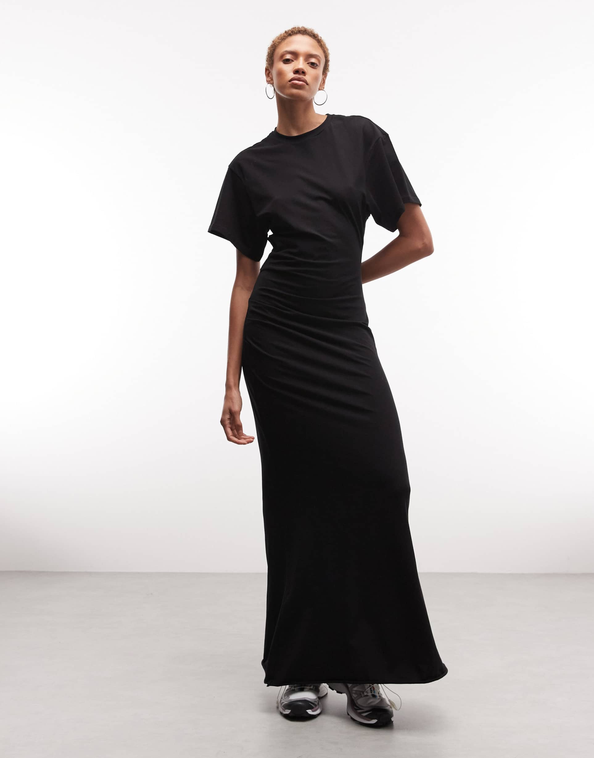 weekday cinched waist jersey maxi dress in black