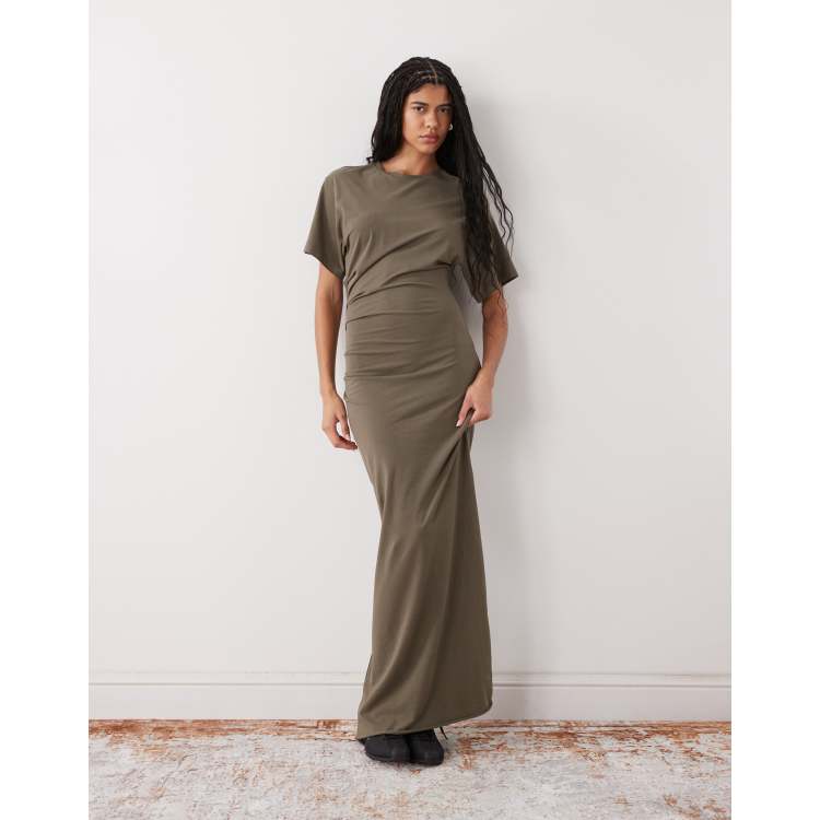 Weekday cinched waist jersey maxi dress in dark gray | ASOS