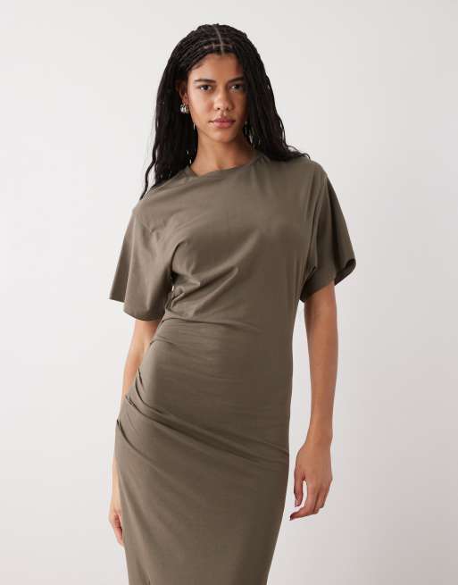 Weekday cinched waist jersey maxi dress in dark gray, 2 of 4