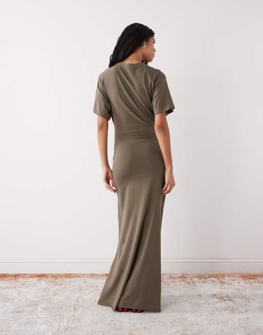 Weekday cinched waist jersey maxi dress in dark grey, 3 of 4