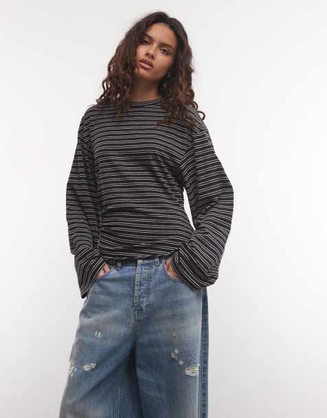 Weekday cinched waist long sleeve t-shirt in black & grey melange stripe - view 1