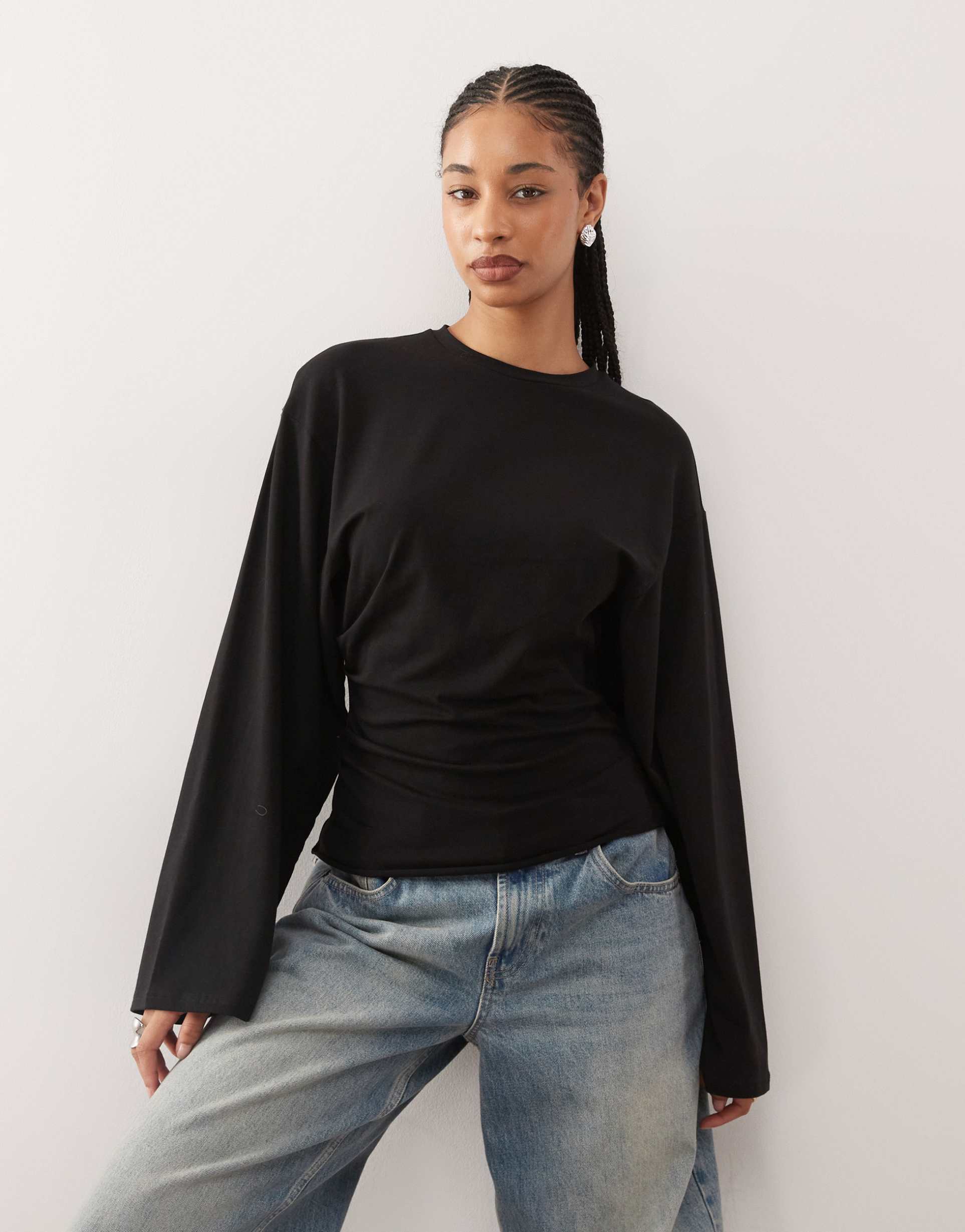 weekday cinched waist long sleeve t-shirt in black