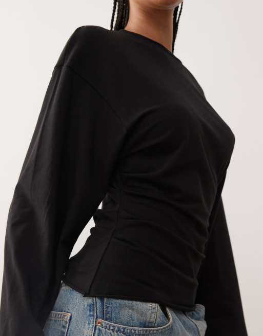 Weekday cinched waist long sleeve T-shirt in black