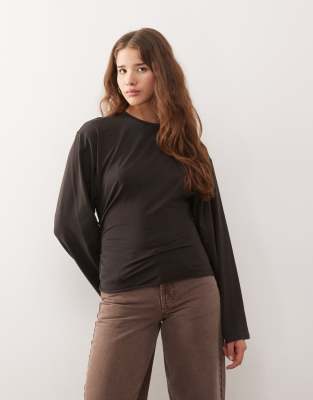 Weekday Cinched Waist Long Sleeve T-shirt In Brown