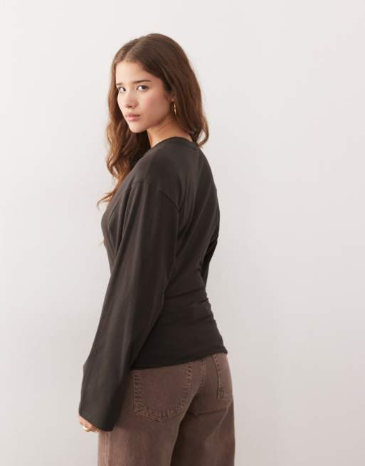 Weekday cinched waist long sleeve t-shirt in dark brown