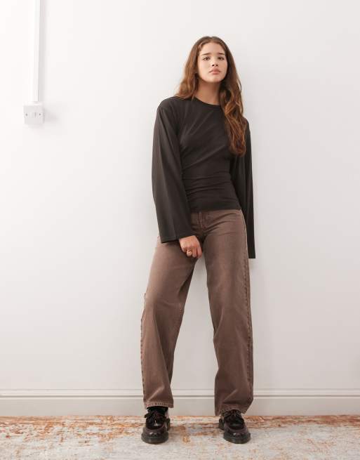 Weekday cinched waist long sleeve t-shirt in dark brown