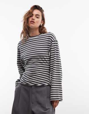 Weekday Cinched Waist Long Sleeve T-shirt In Gray
