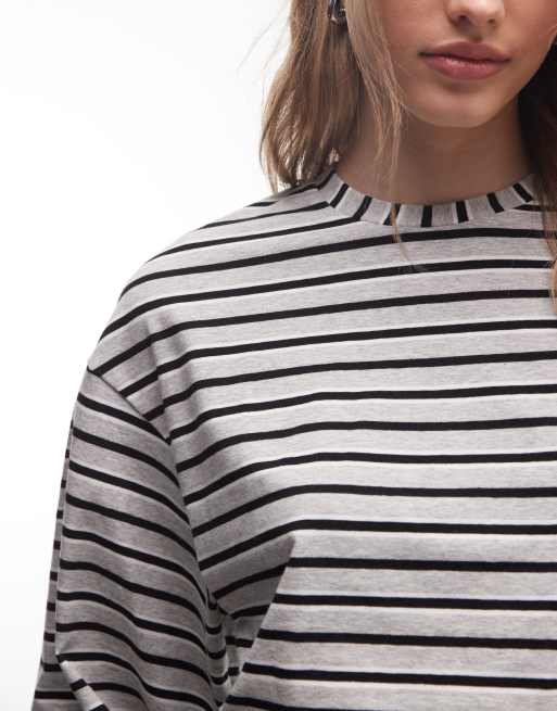 Weekday cinched waist long sleeve t-shirt in grey & black stripe, 3 of 4