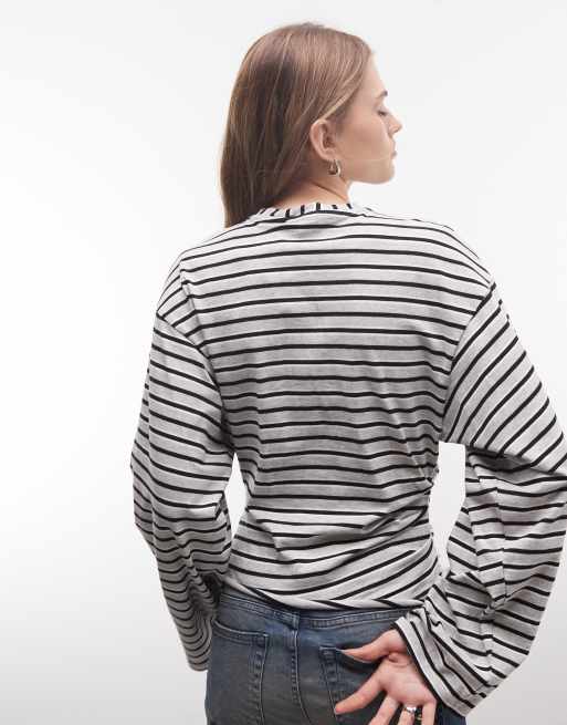 Weekday cinched waist long sleeve t-shirt in grey & black stripe, 4 of 4