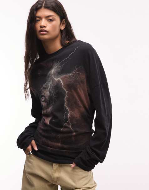 Weekday cinched waist long sleeve top with wolf print in black - view 1