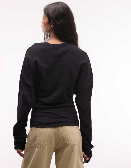 Weekday cinched waist long sleeve top with wolf print in black, 4 of 4