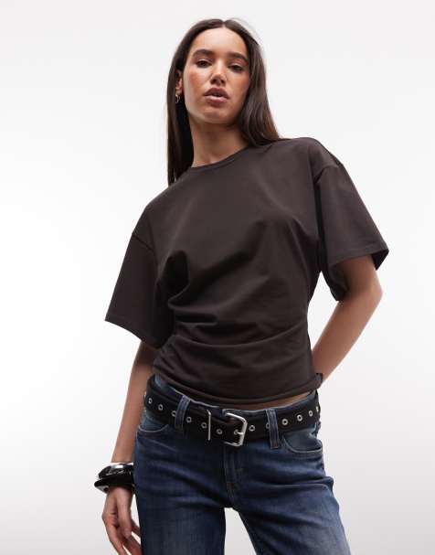 Weekday cinched waist t-shirt in dark brown