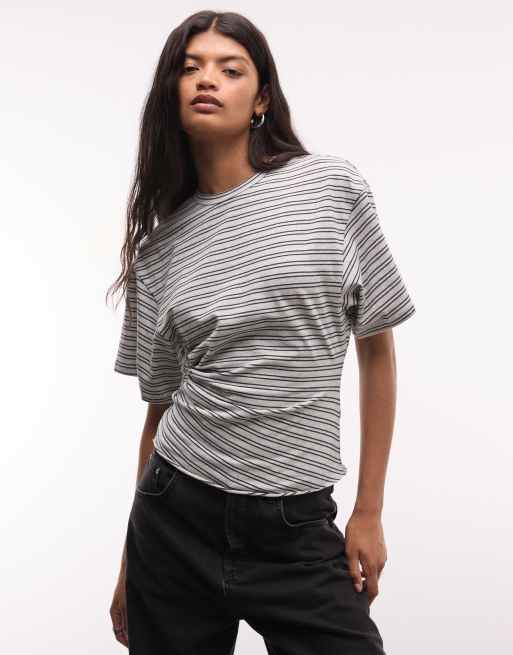 Weekday cinched waist t-shirt in grey & black stripe, 4 of 4