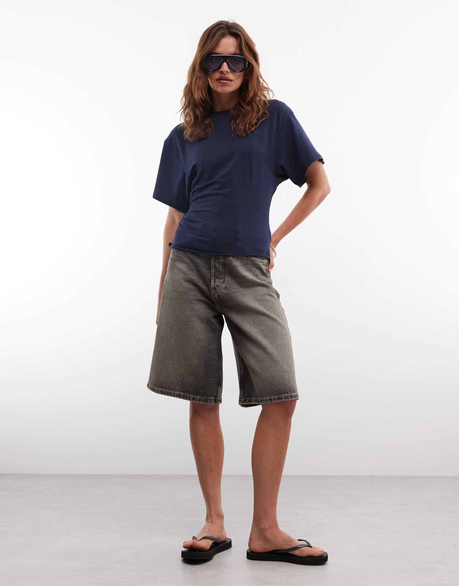 weekday cinched waist t-shirt in navy exclusive to asos