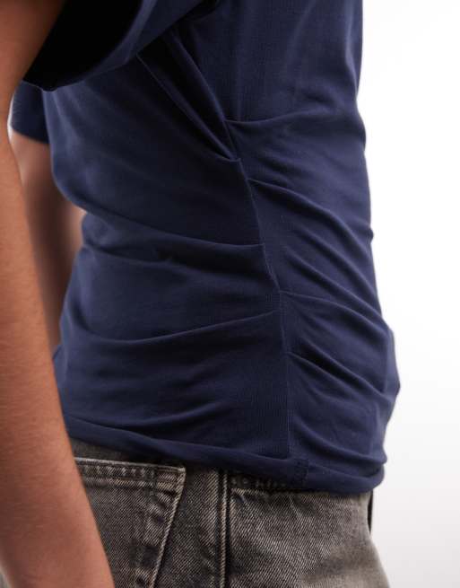 Weekday cinched waist T-shirt in navy exclusive to ASOS, 3 of 4