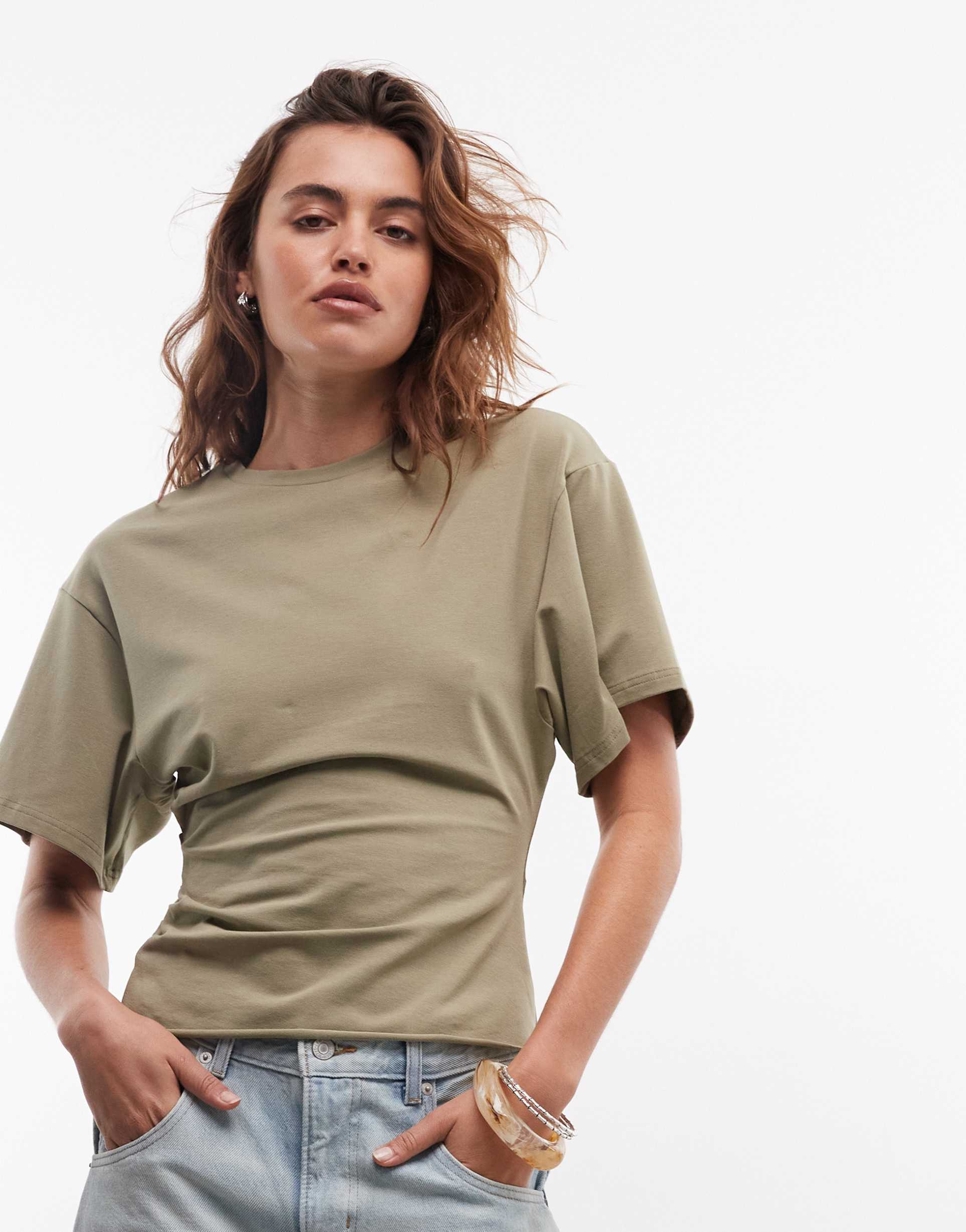 weekday cinched waist t-shirt in olive green exclusive to asos