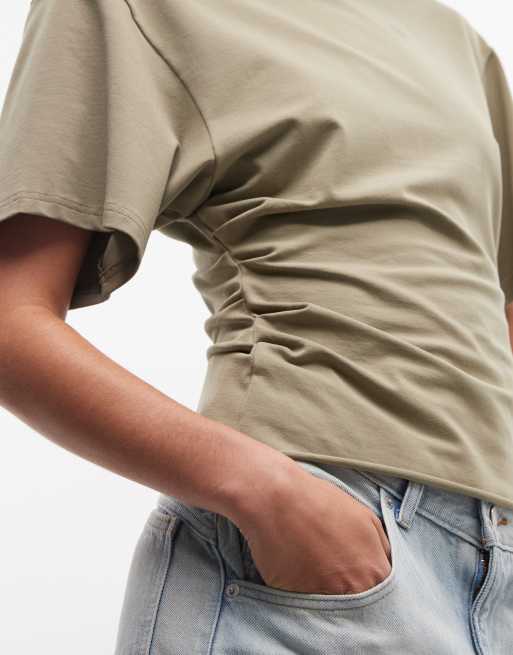 Weekday cinched waist T-shirt in olive green exclusive to ASOS, 2 of 4