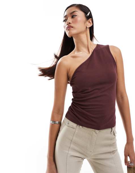 Weekday Cindy one shoulder top in burgundy exclusive to ASOS - view 1