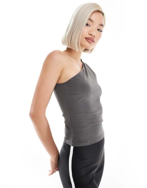 Weekday Cindy one shoulder top in charcoal exclusive to ASOS - view 1