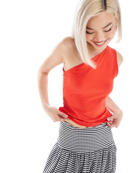 Weekday Cindy one shoulder top in red exclusive to ASOS - view 1