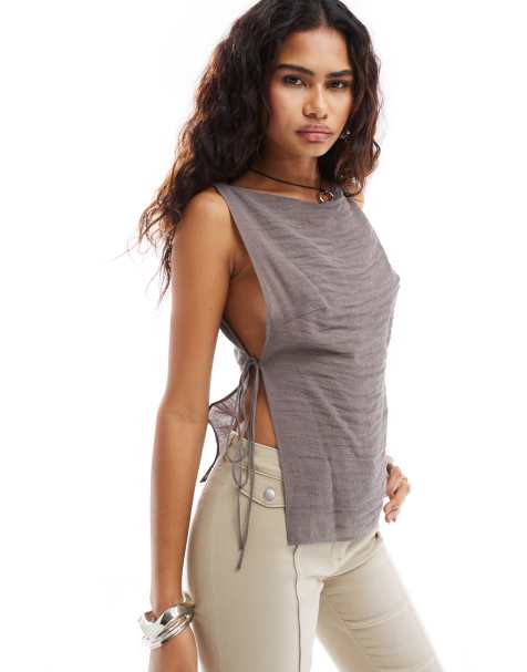 Weekday Cintia boat neck cami top with side tie detail in mole exclusive to ASOS - view 1