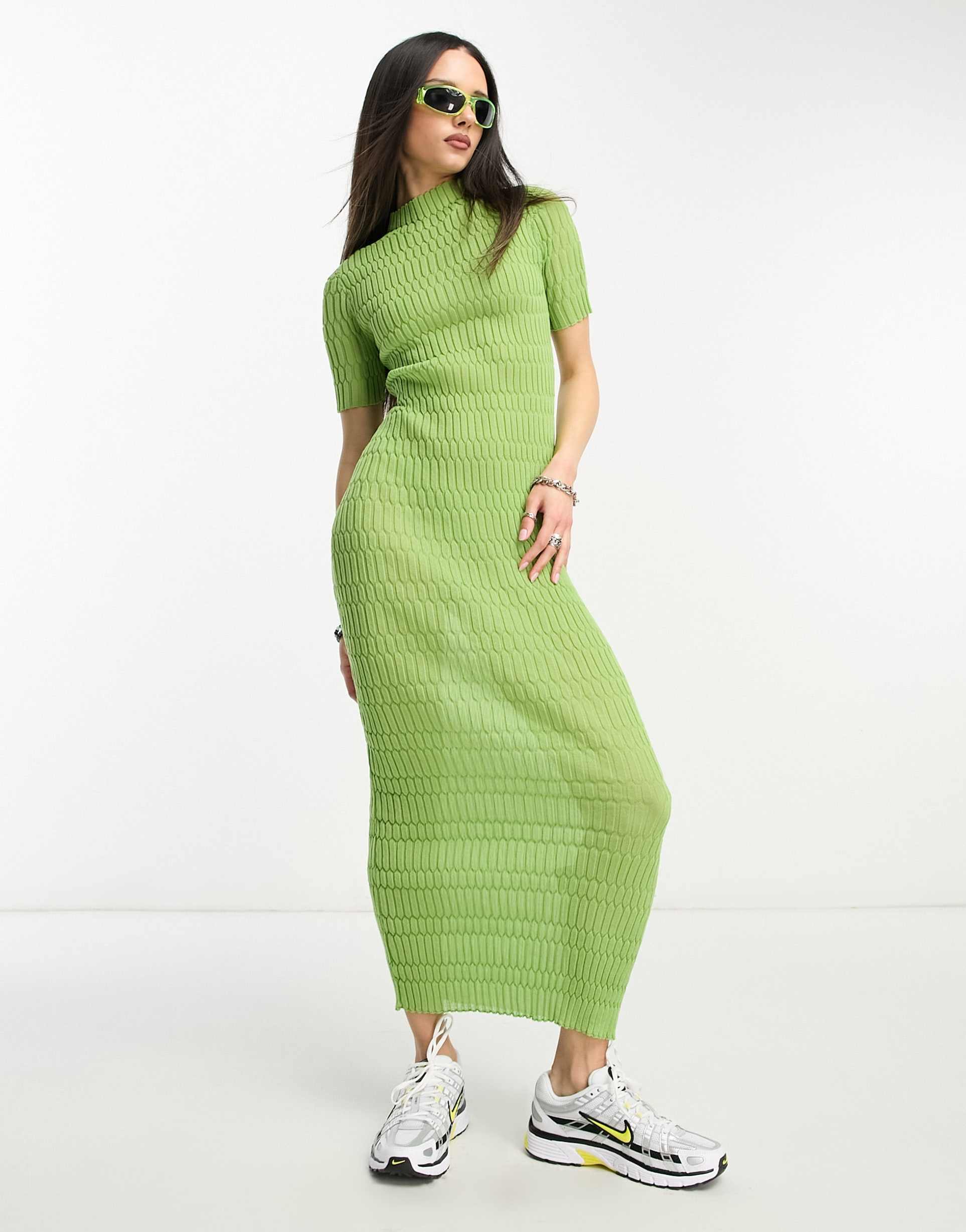 weekday claire knit midi dress in green