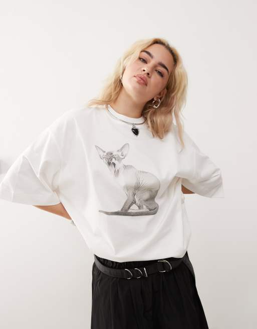Weekday - Cleo - Oversized T-shirt met grafische print van kat in gebroken wit