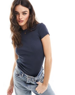 Weekday Close fitted rib t-shirt in dark blue