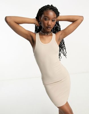 Shop Weekday Close Racer Back Rib Mini Dress In Beige - Exclusive To Asos-neutral