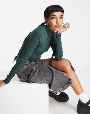 Weekday Close fitted turtle neck long sleeve top in dark green - ASOS Price Checker