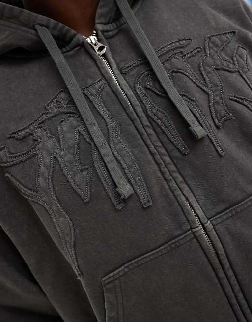 Weekday co-ord boxy fit zip through hoodie with destiny embroidery in washed dark grey, 4 of 4