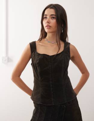 Weekday Weekday co-ord hook eye velvet corset top in dark brown wash