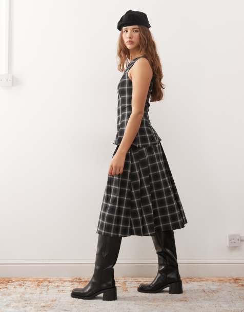 Weekday co-ord irregular pleated midi skirt in black check - view 1