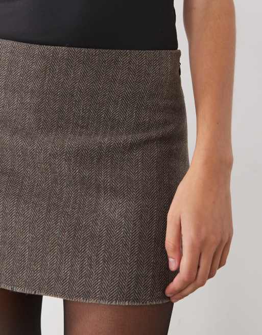 Weekday co-ord mini skirt with raw edges in dark mole herringbone, 3 of 5