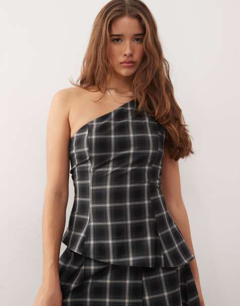 Weekday co-ord one shoulder top with asymmetric peplum hem in black check - view 1