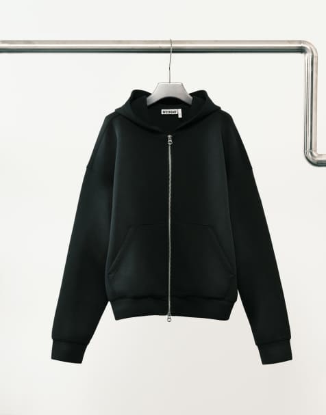Weekday co-ord scuba-style fabric zip through hoodie in washed black - BLACK - view 1
