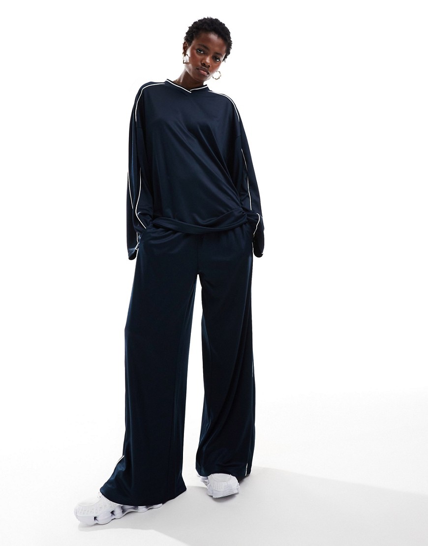 Weekday co-ord shiny jersey oversized joggers in blue with white trim