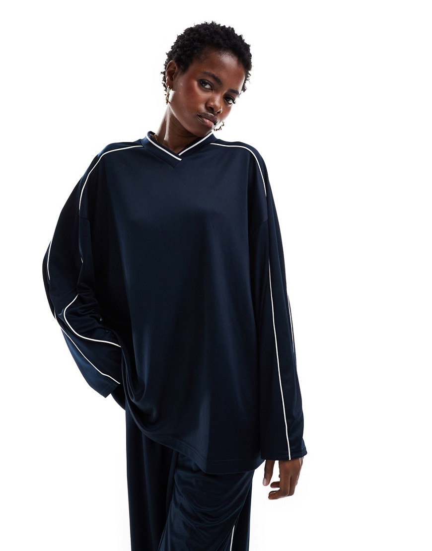 Weekday co-ord shiny jersey oversized v-neck sweatshirt in blue with white trim