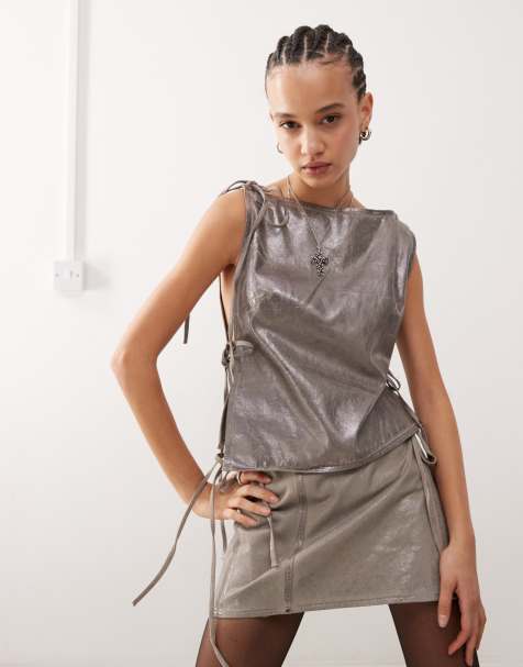 Weekday co-ord slash neck strappy metallic top in silver - view 1