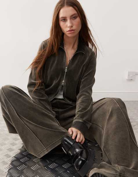 Weekday co-ord velvet cropped zip through tracksuit top in washed black  - view 1