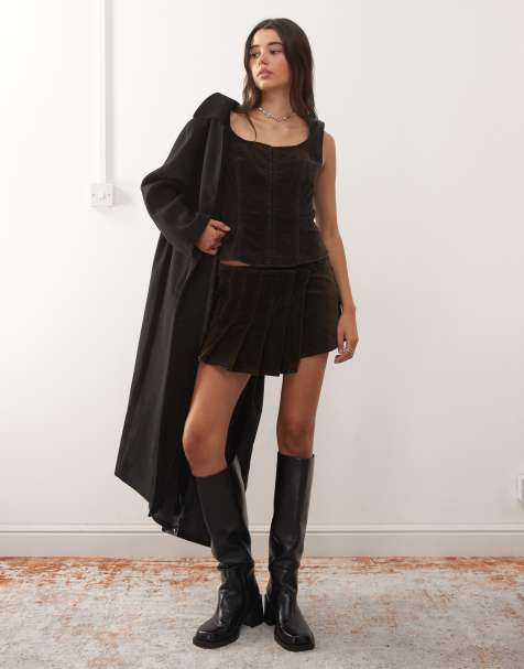 Weekday co-ord velvet top & skirt in dark brown wash - view 1