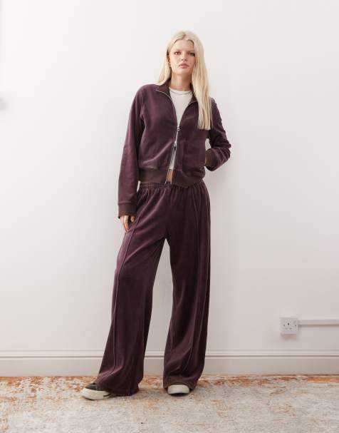 Weekday co-ord velvet wide leg trousers in dark plum - view 1