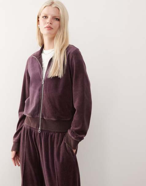 Weekday co-ord velvet zip through jacket in dark plum - view 1