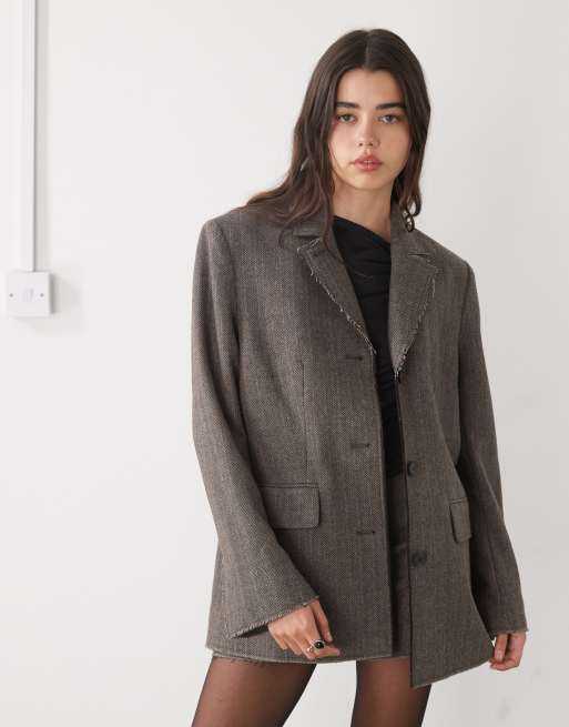 Weekday co-ord with raw edges in dark mole herringbone